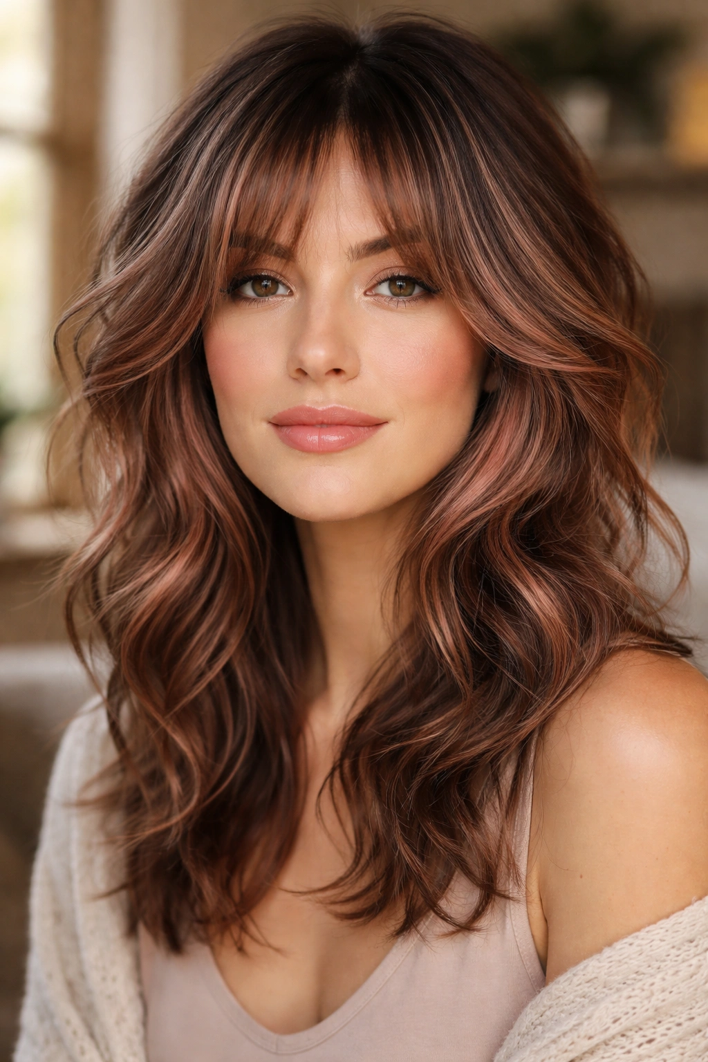 Close-up of a real woman with a midi shag and rose gold accents, natural window light