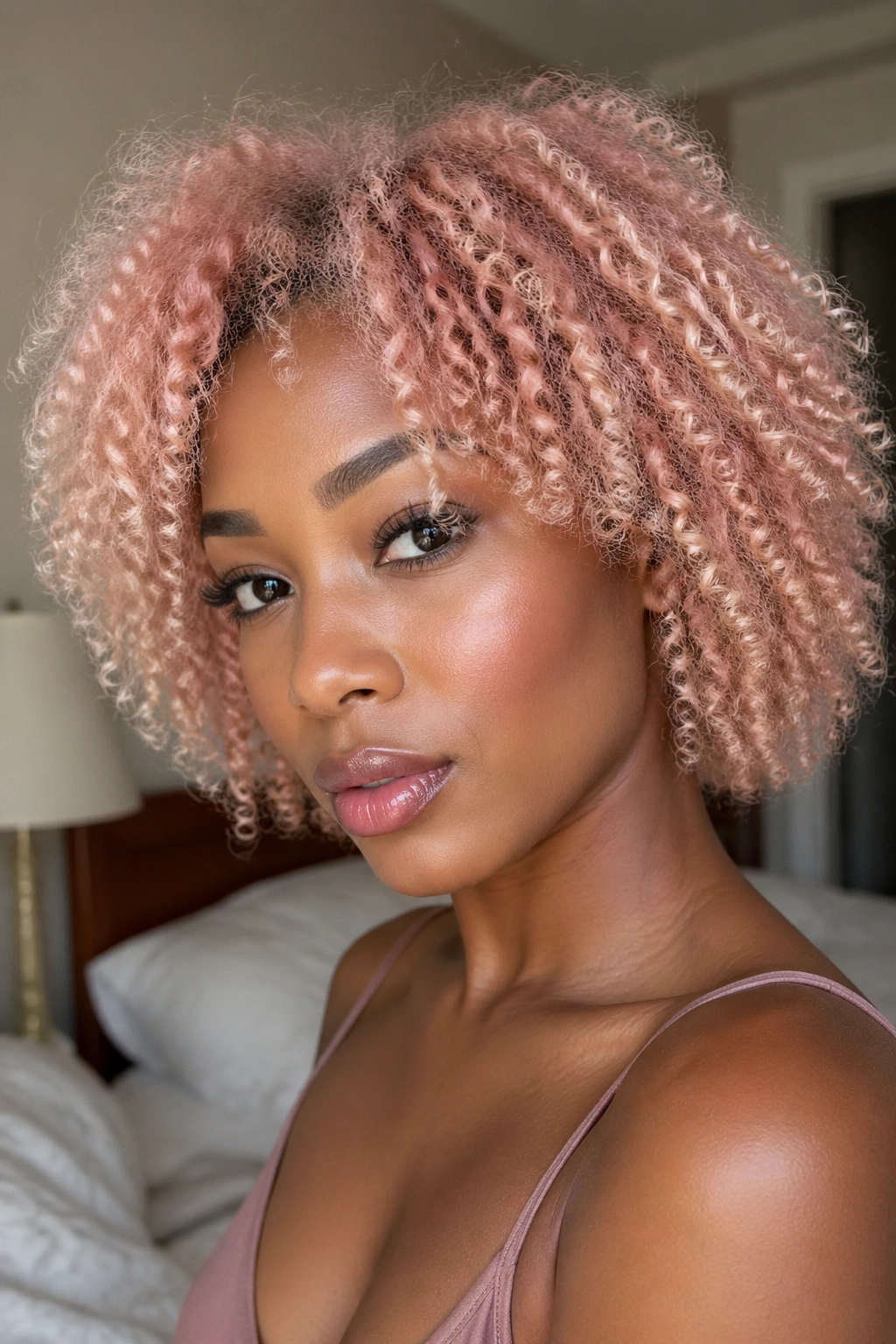 Close-up of a Black woman's lightened natural hair with rose gold toner in warm window light