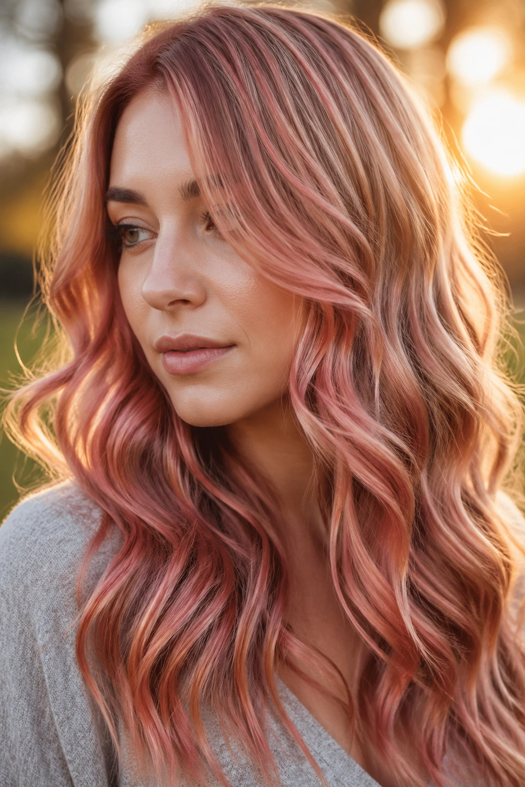 Close-up of a real woman with rose gold waves in golden hour light outdoors