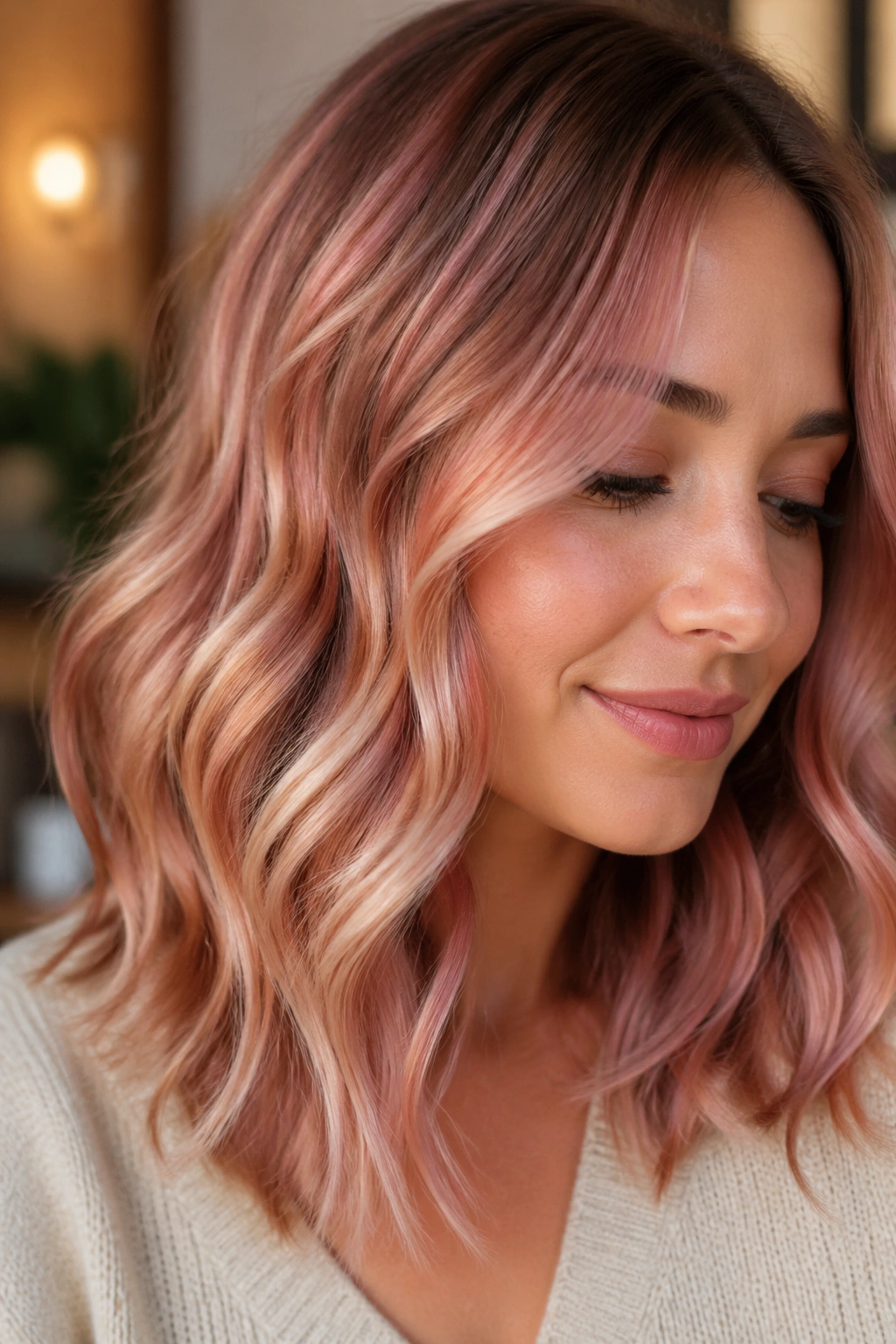 Close-up portrait of a person with rose gold waves and soft texture.