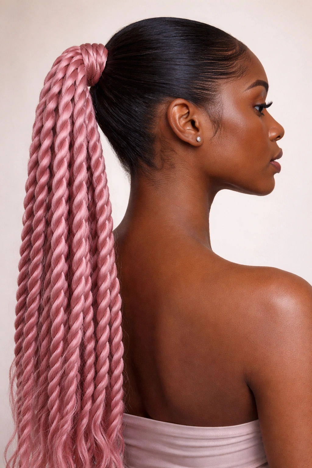 Close-up of rose-pink rope-twist ponytail with even twists and glossy texture