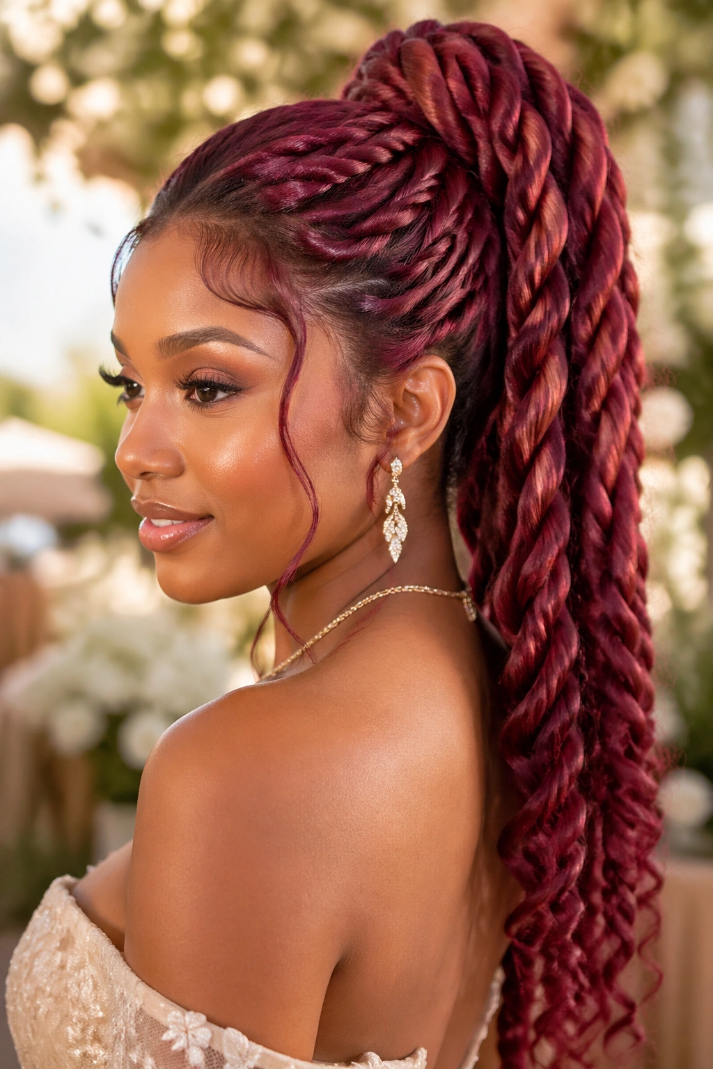 Close-up of a real woman with a rose-red rope-braided ponytail in a sunlit garden