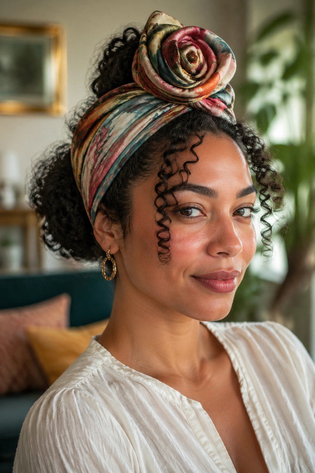 Close-up of a real woman wearing a rosette headwrap with the rosette atop the head.