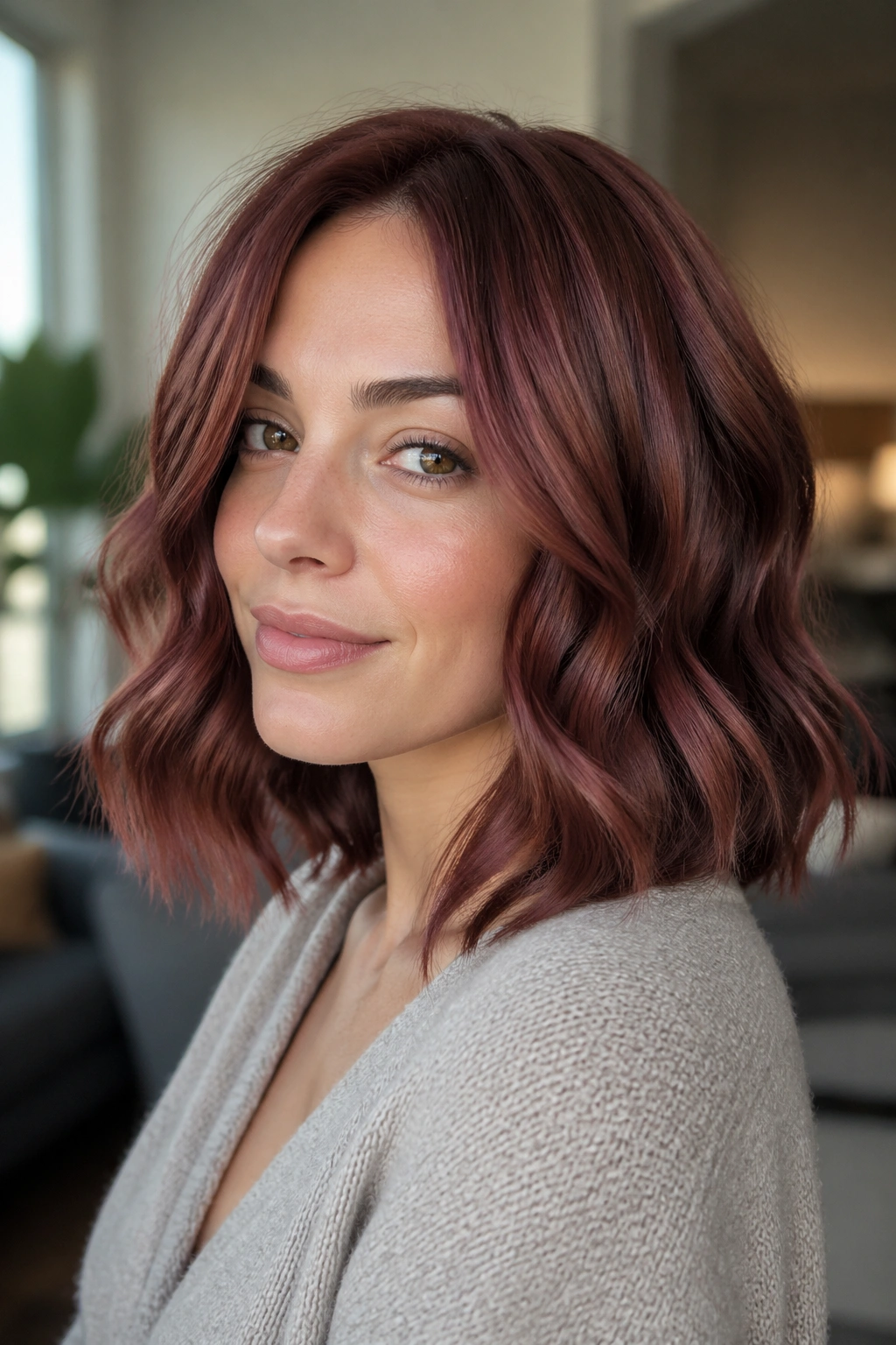 Close-up of a real woman with rosewood lob and loose S-waves in a cozy living room