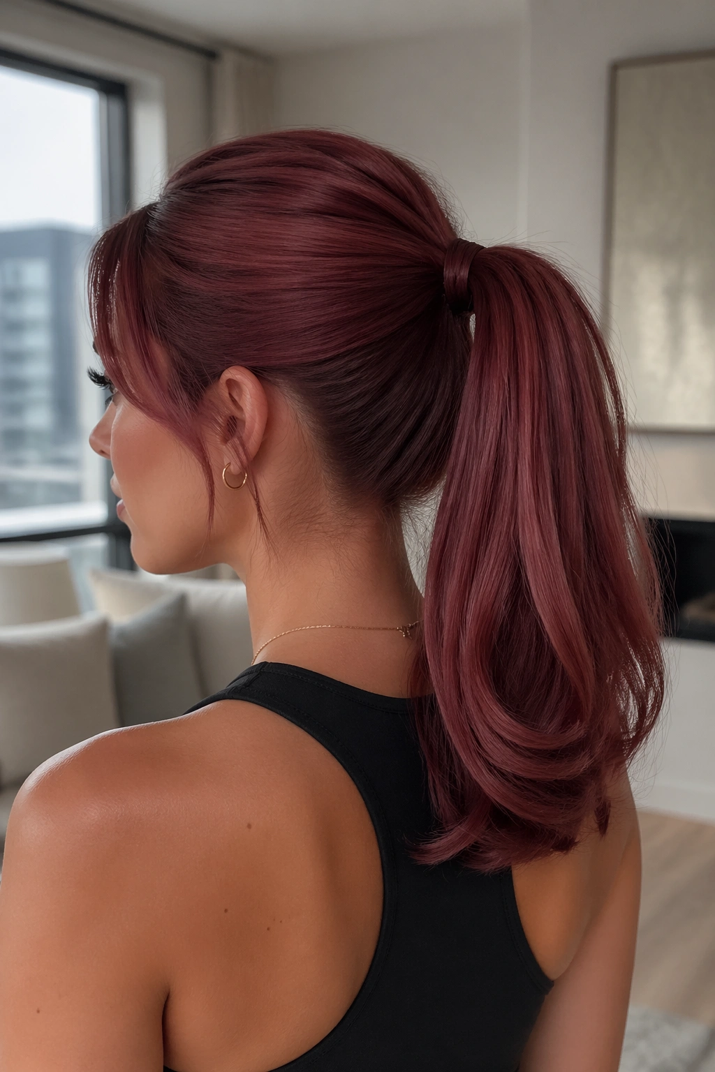 Close-up of a real woman with a mid ponytail in rosewood shade