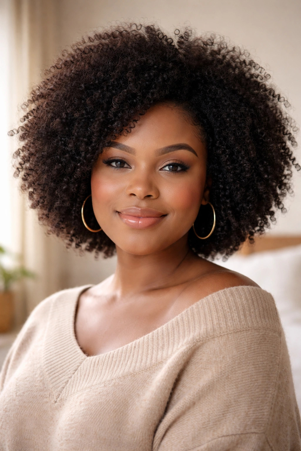 Close-up portrait of a real woman with round face and afro hair in natural window light