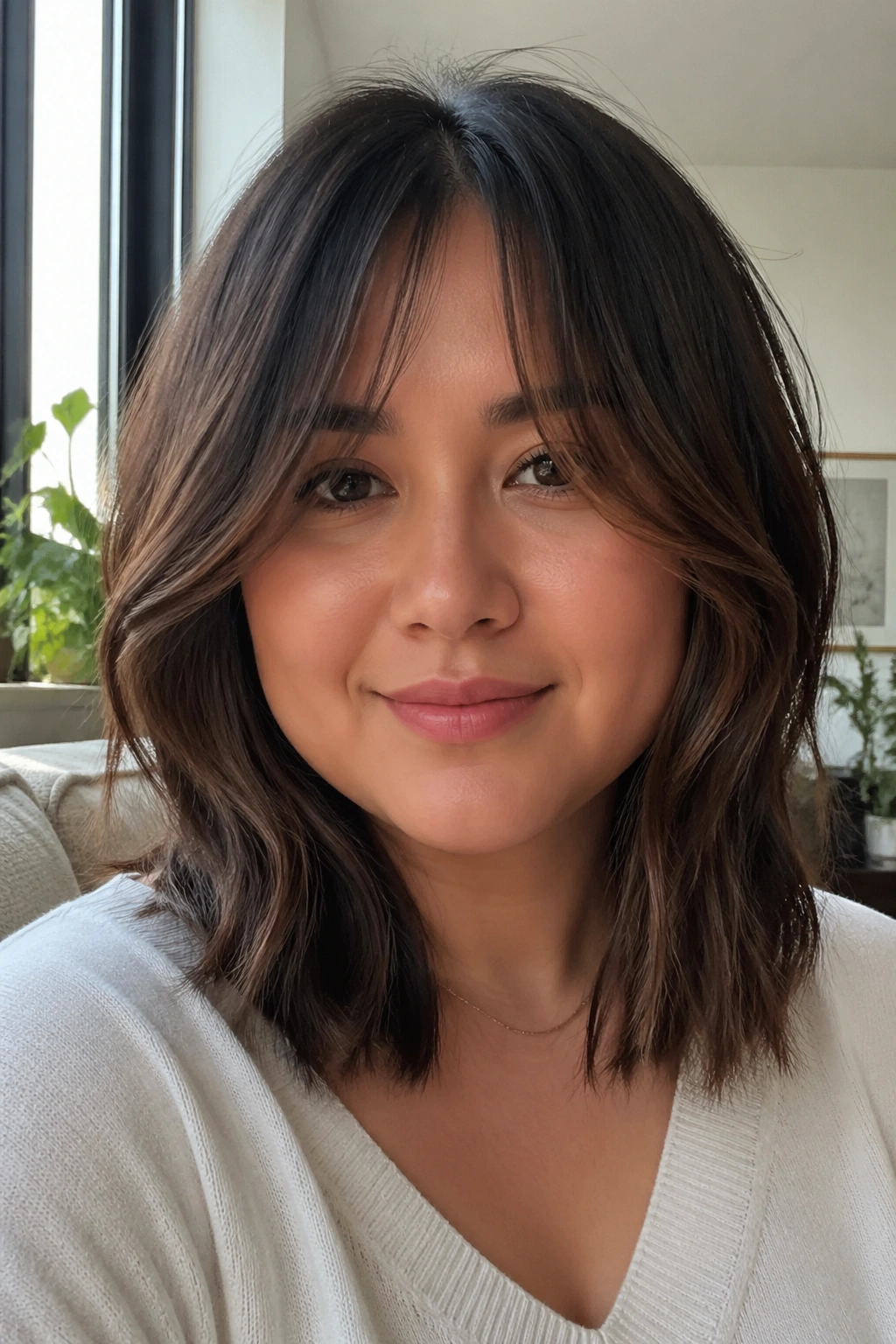 Portrait of a real person with round-face balancing lob and longer sides in bright living room