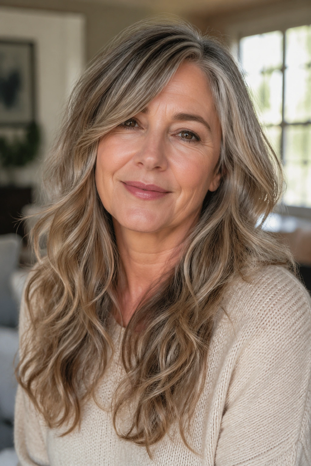 Close-up portrait of a real woman with long layered waves for a round face, natural window light