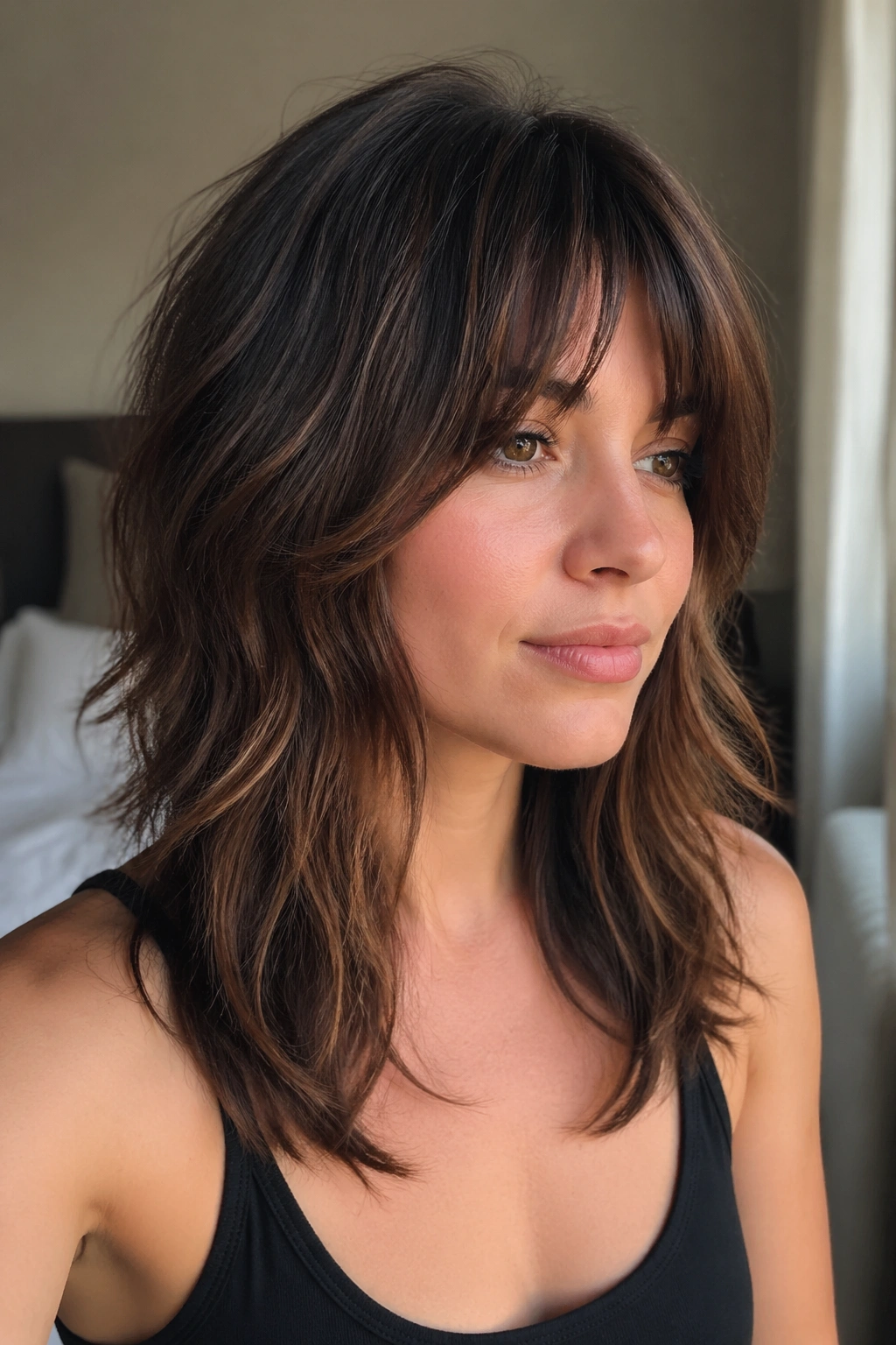 Close-up of a real woman with Round-Face Elongating Shag featuring longer front layers and crown lift in soft bedroom light.
