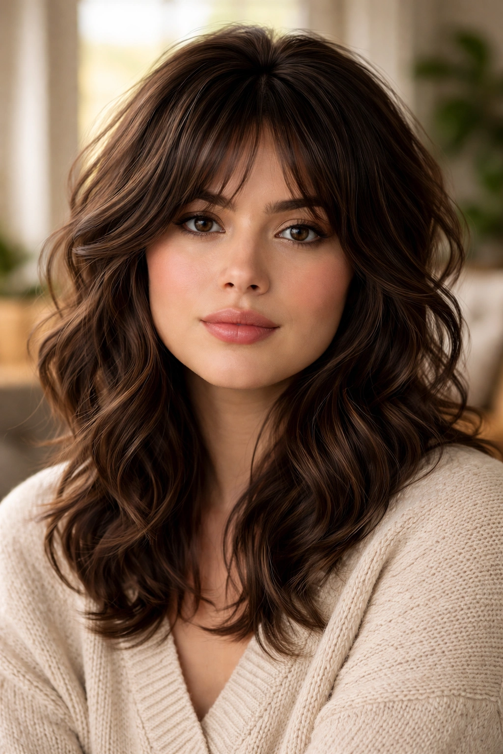 Close-up of a real woman with a round-face wolf cut featuring cheekbone pieces in warm window light