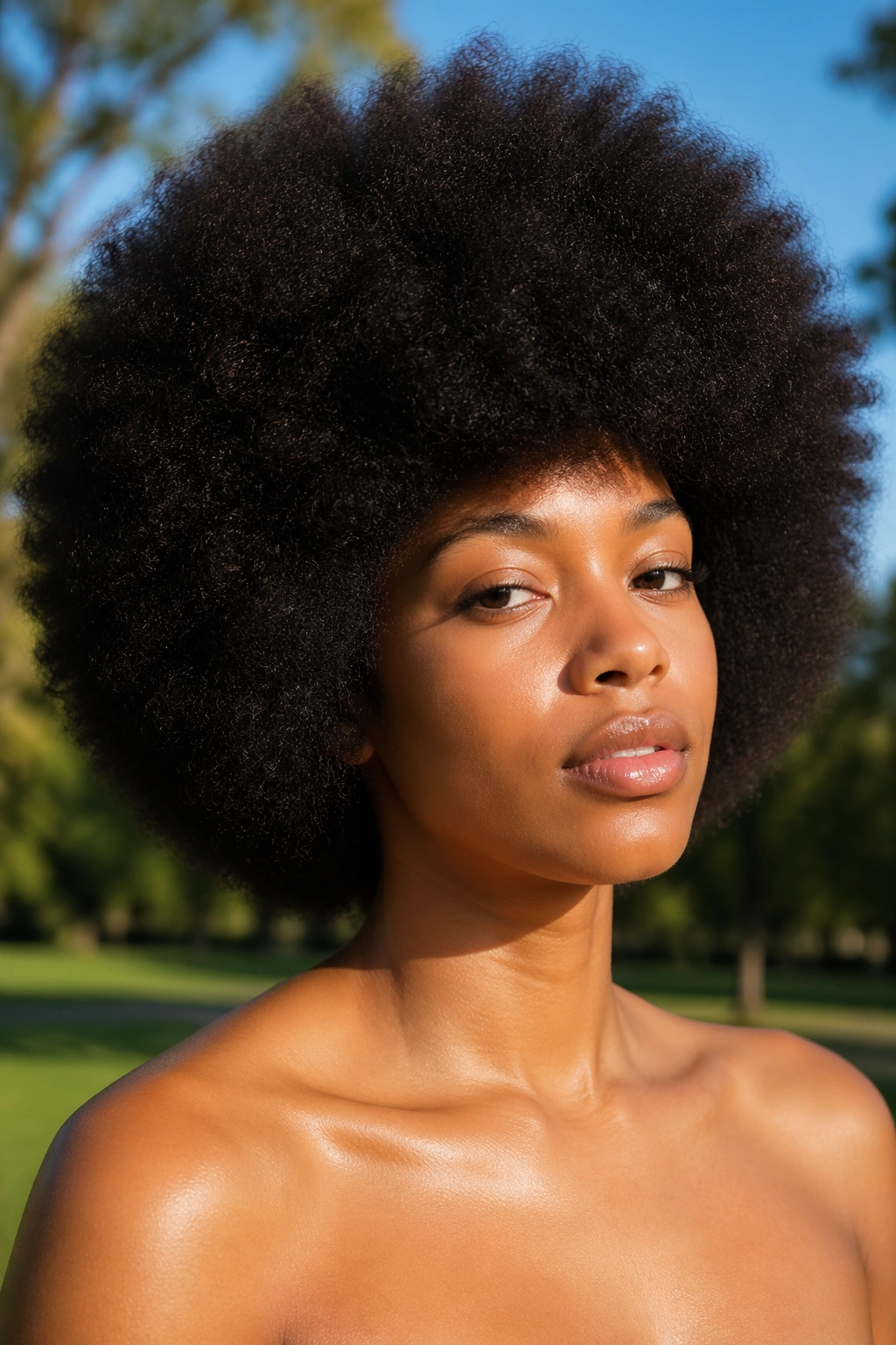 Close-up portrait of a real person with a big rounded afro and bare shoulders outdoors