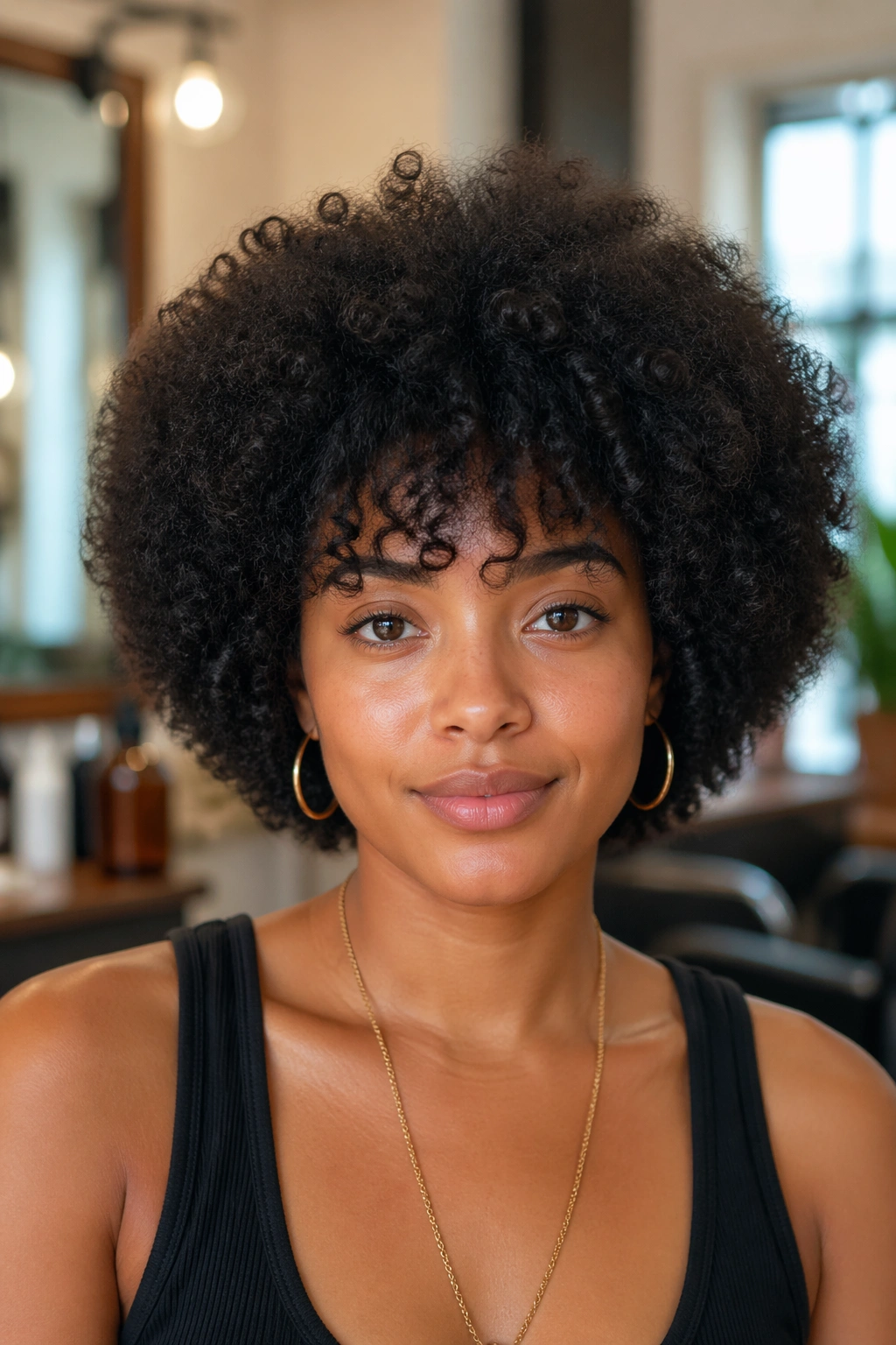 Close-up of a real person with rounded Afro and curly fringe balancing forehead width