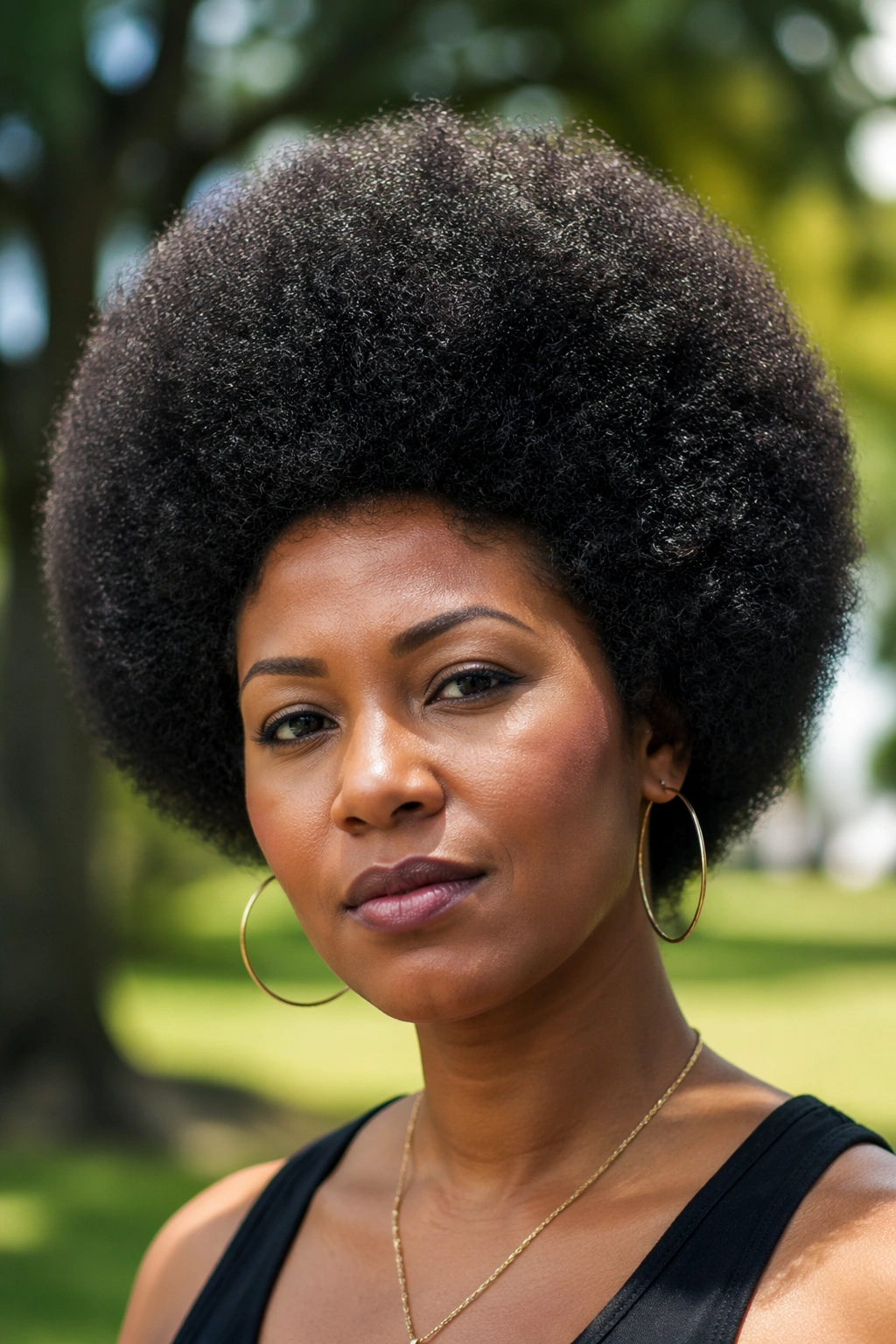 Portrait of a woman with a rounded afro in an outdoor park setting