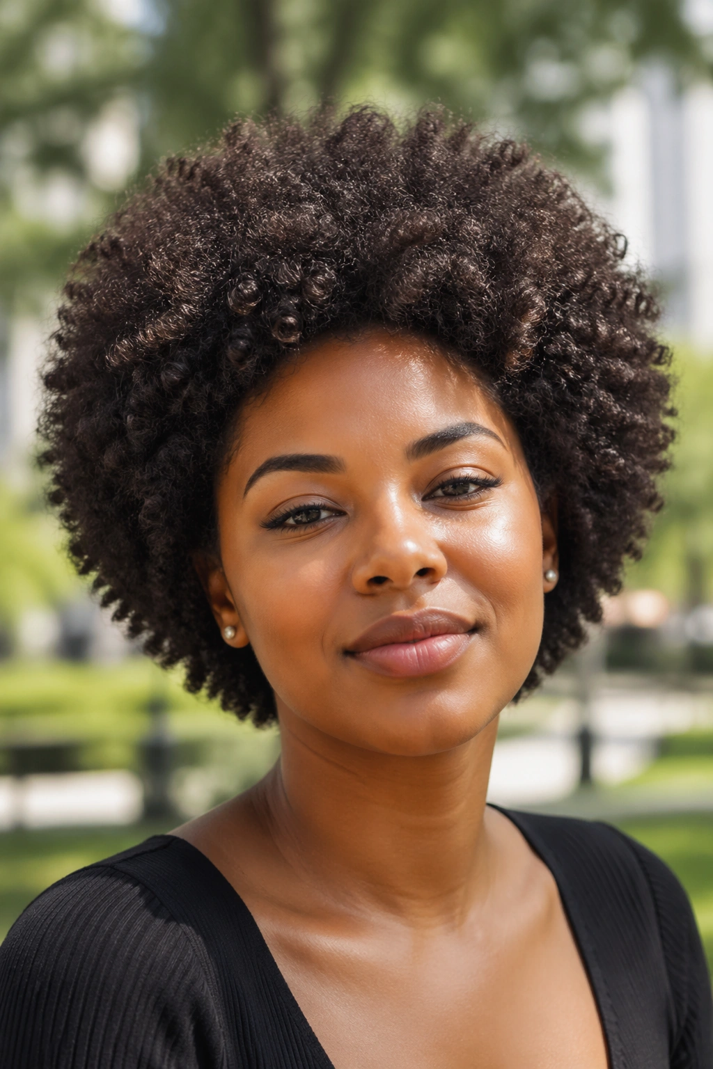 Close-up of a real person with a rounded Afro showing interior layering