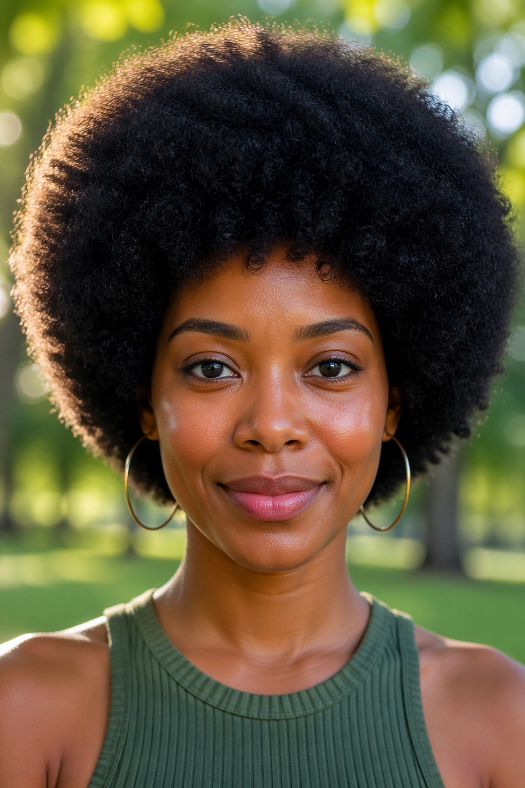 Close-up portrait of a real woman with a rounded Afro hairstyle outdoors