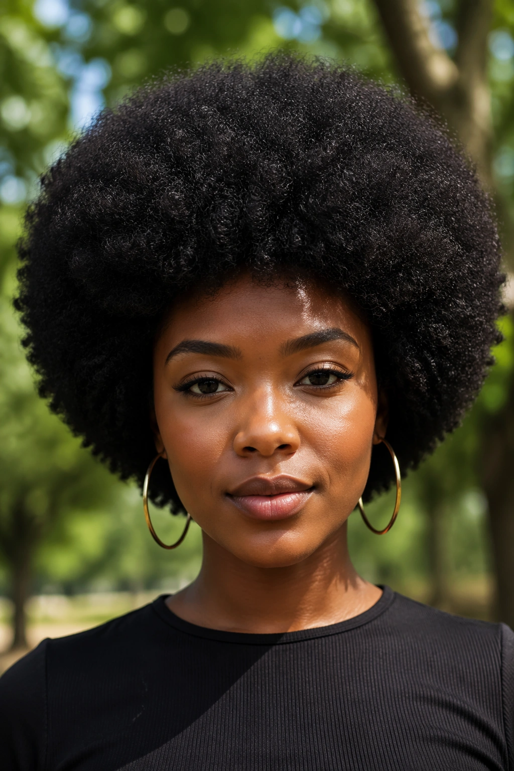 Close-up of a real person with a rounded Afro showing balanced circular volume