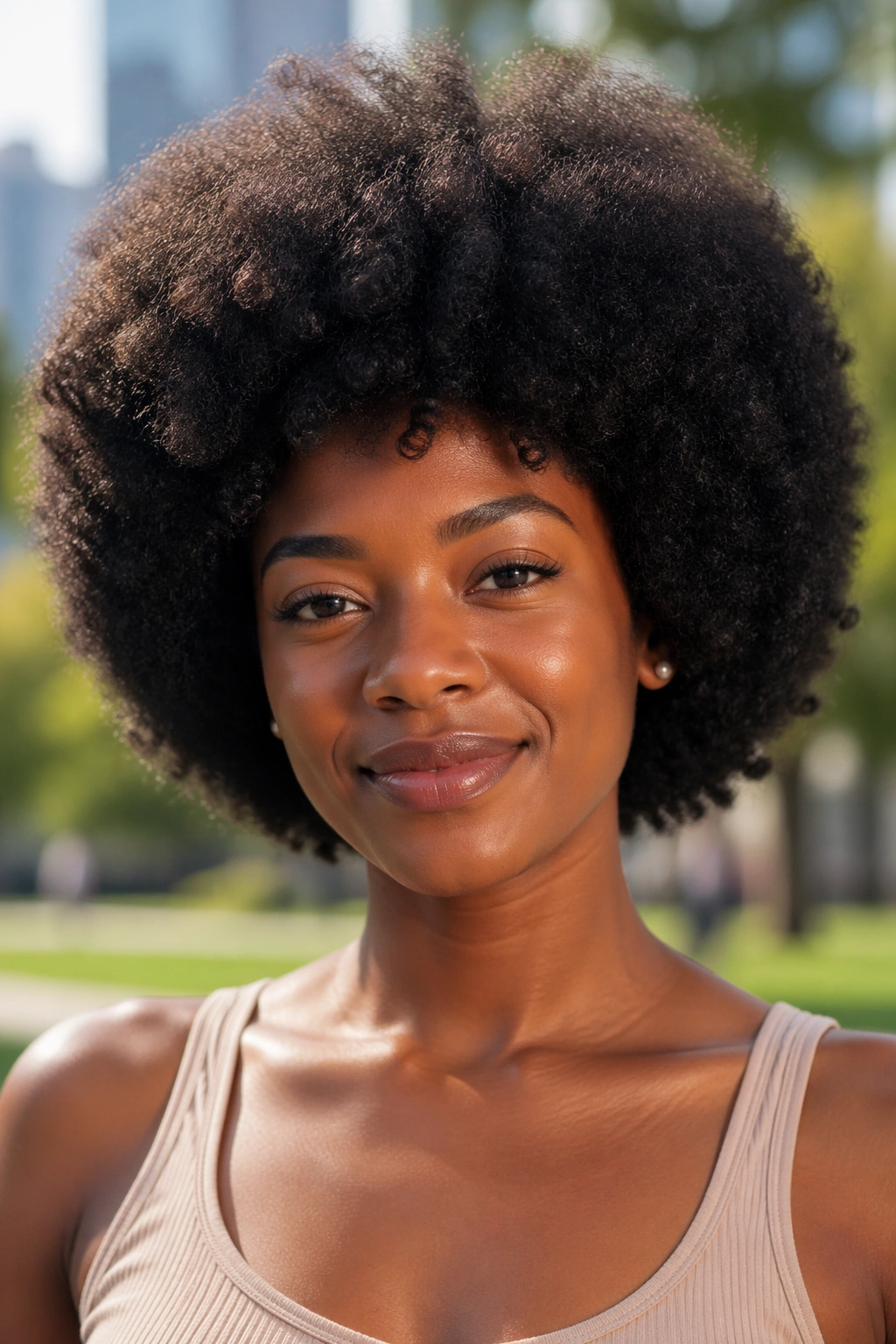 Close-up portrait of a real woman with a rounded afro silhouette
