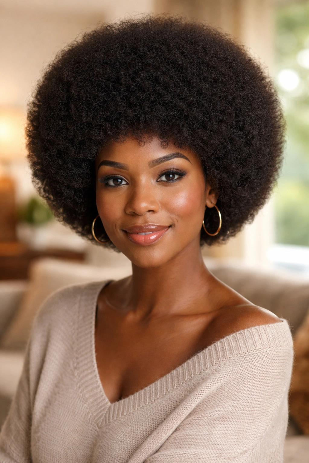 Close-up of a woman with a perfectly rounded Afro in warm natural light