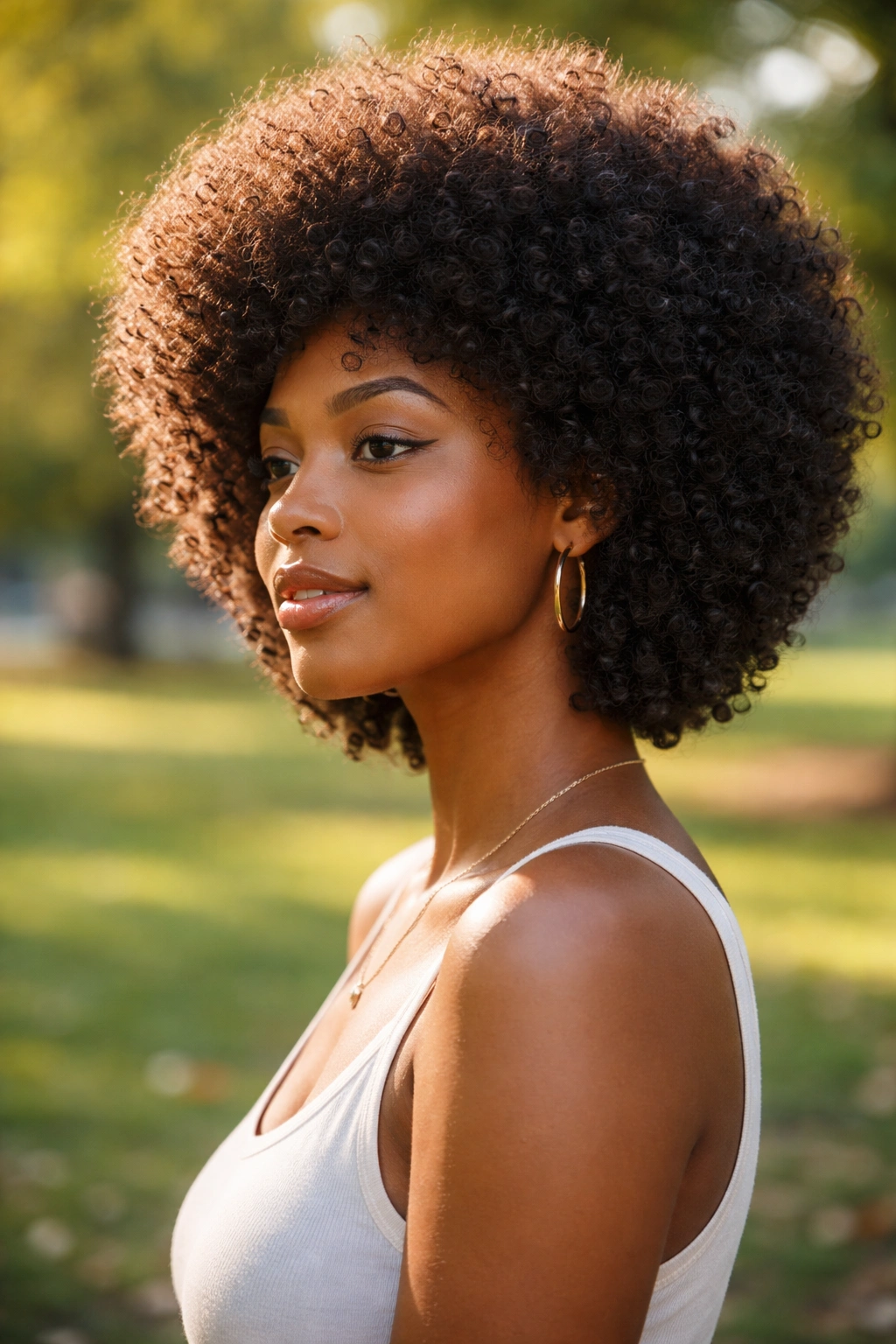 Side profile of rounded afro with sculpted front in a park