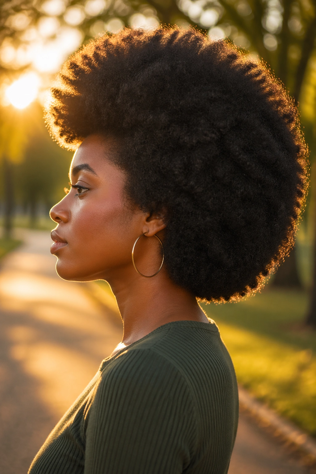 Side-profile of rounded Afro with temple volume.