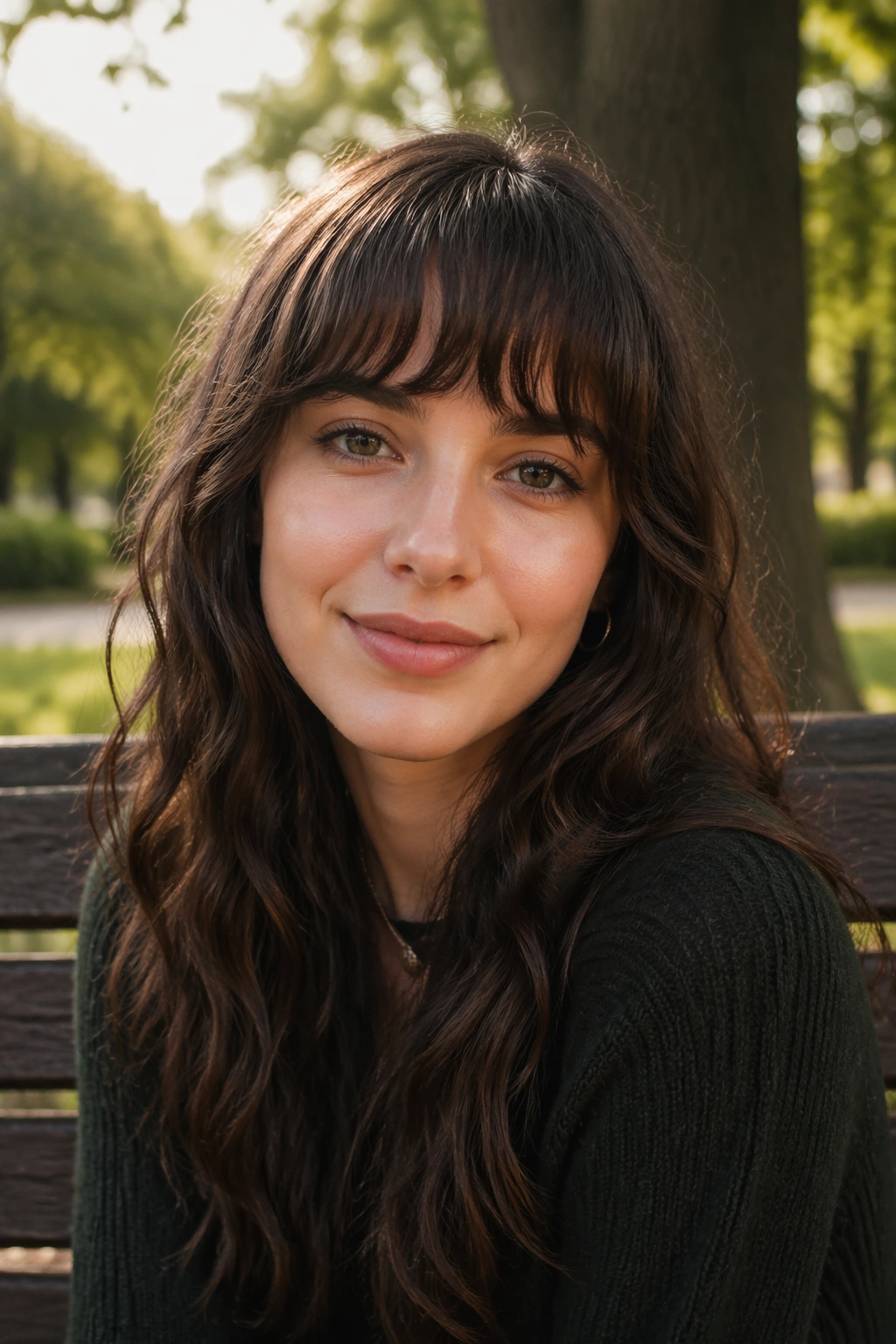Close-up portrait of a real woman with rounded bangs following the brow line