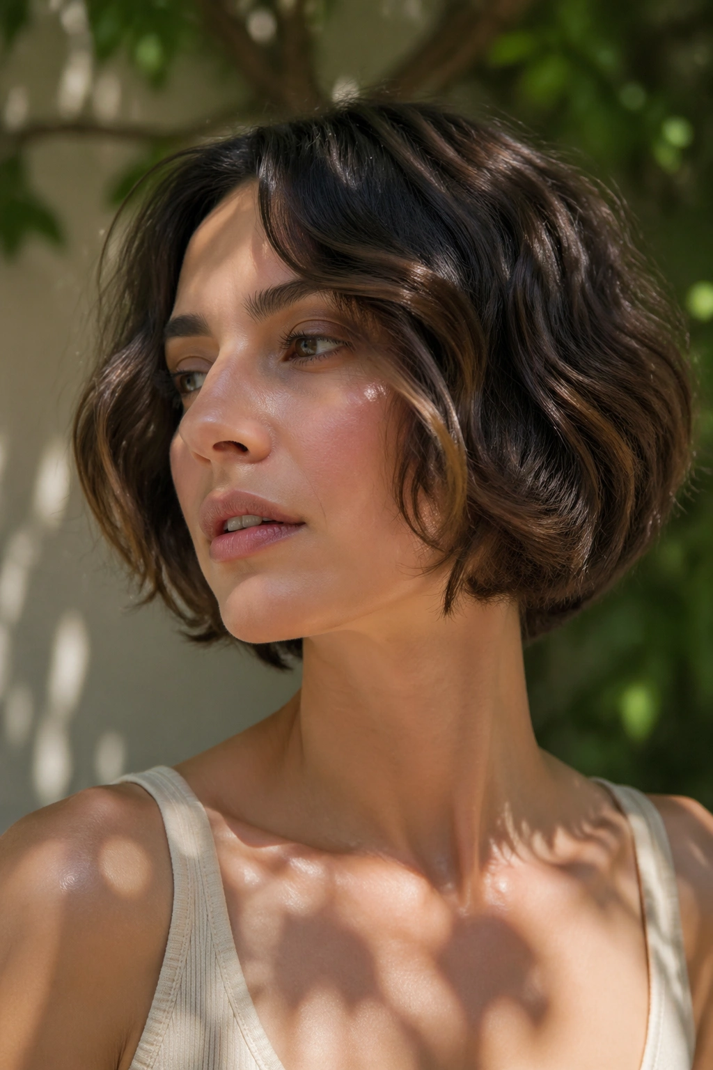 Close-up of real woman with rounded bob in garden sunlight