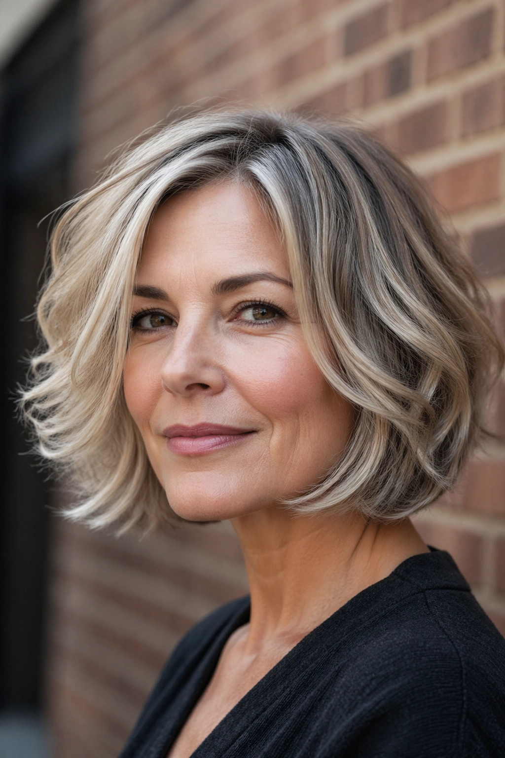 Close-up portrait of a real woman with a rounded bob and airy ends