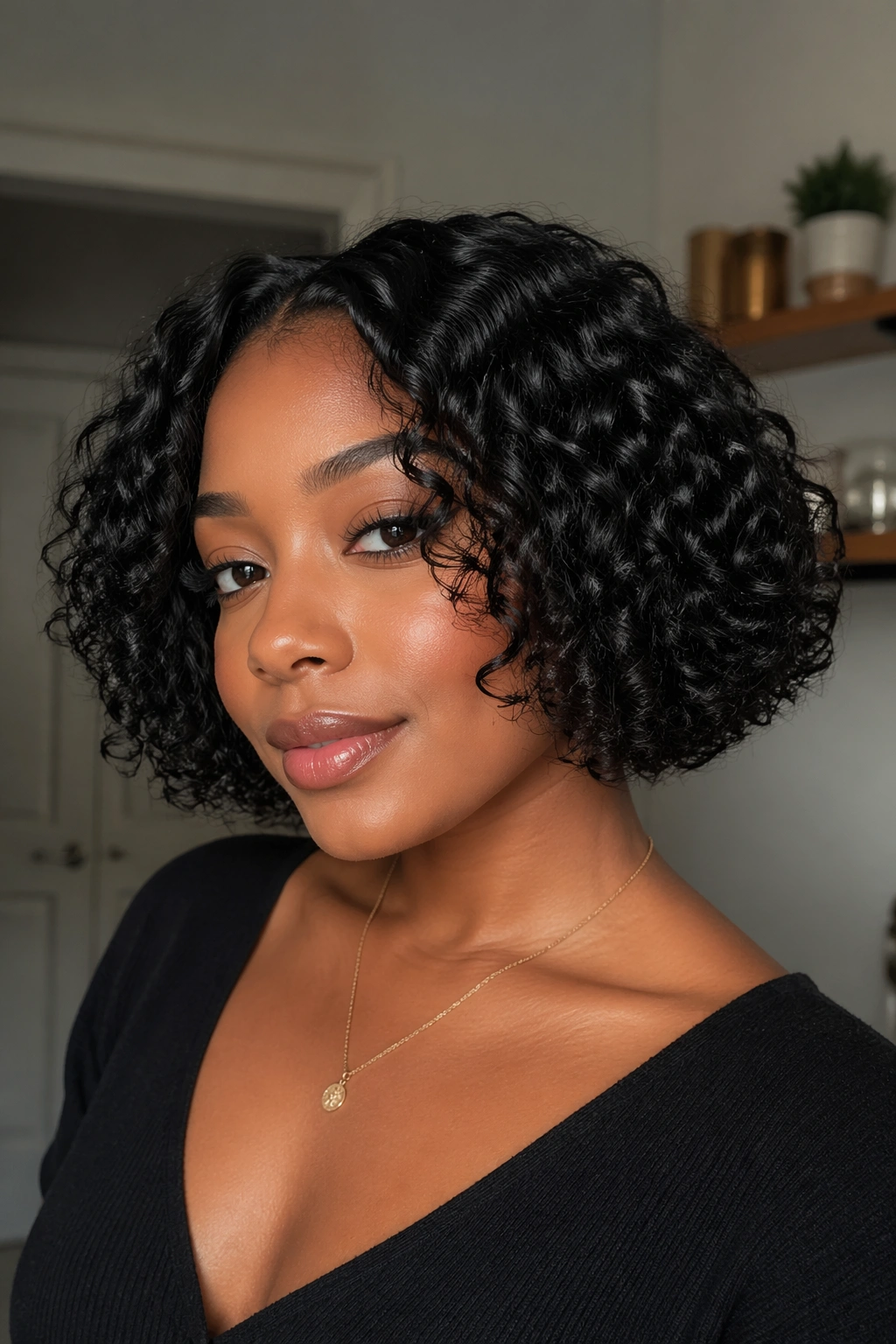 Rounded chin-length curly bob framing the jawline on a Black woman.