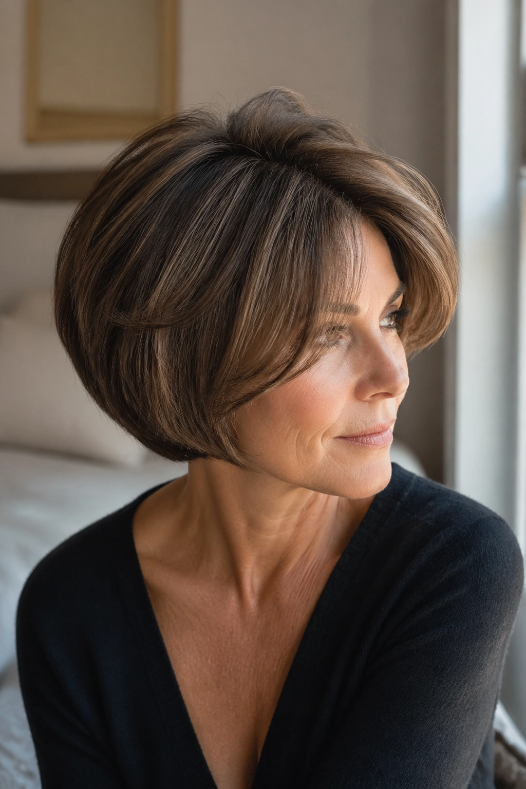 Close-up portrait of a woman with a rounded bob and crown lift