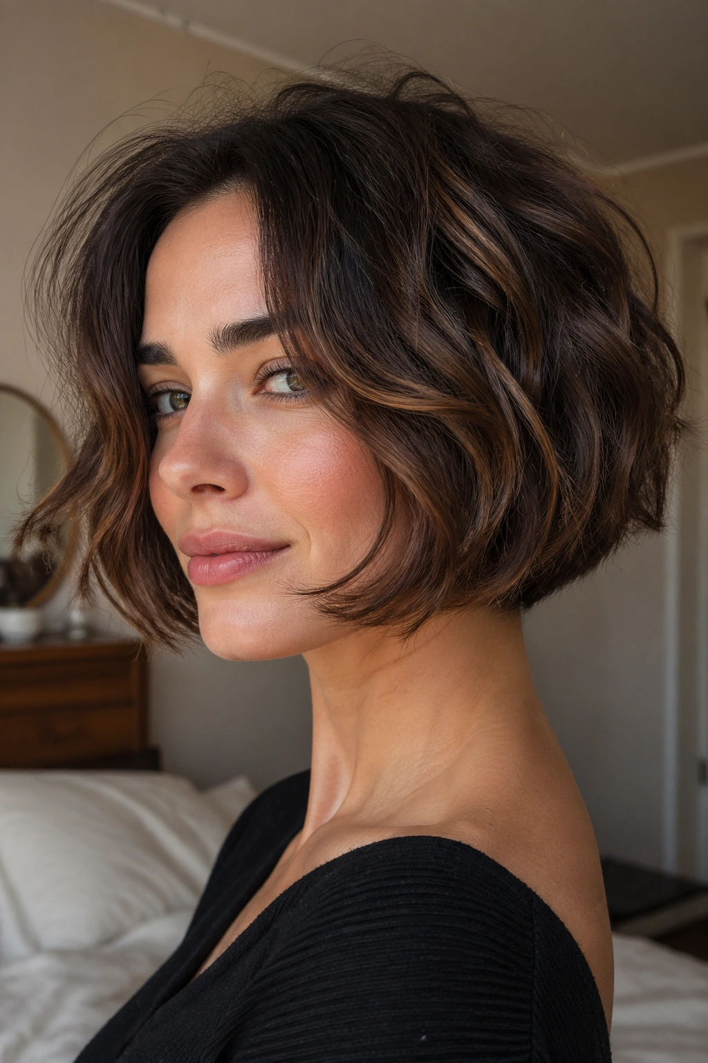 Close-up of a real woman with rounded bob and face-framing pieces in soft window light.