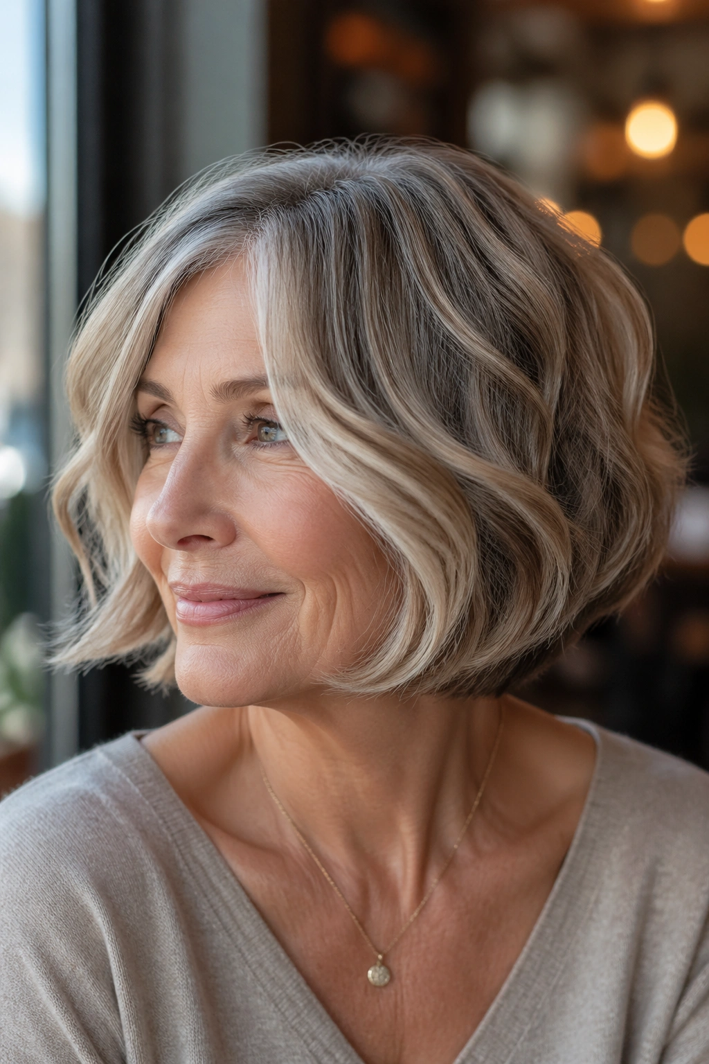 Close-up of a real woman with rounded bob and face-framing pieces in warm cafe light.