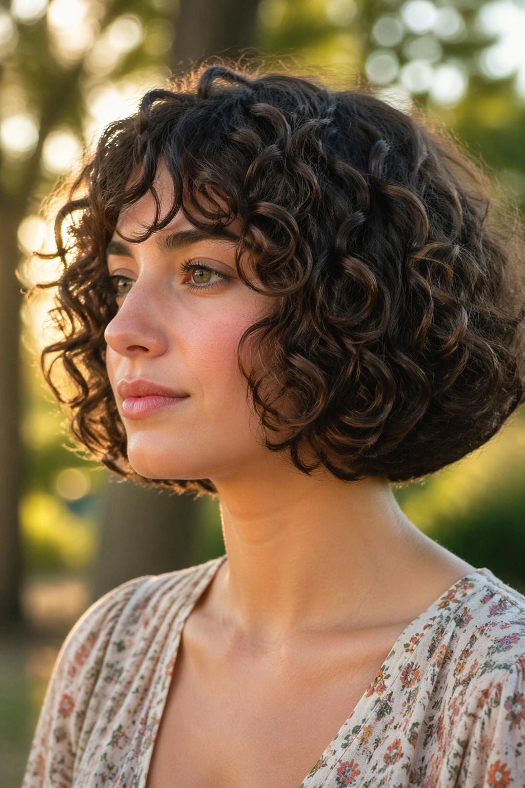 Close-up of real person in rounded bob creating a fuller silhouette in golden hour light