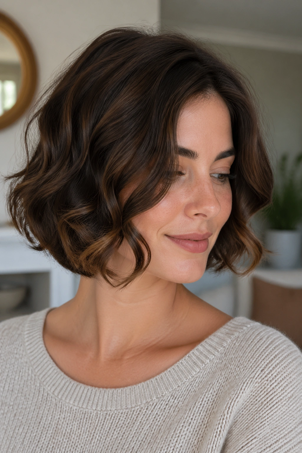 Real woman with rounded bob and soft edges in warm indoor light.