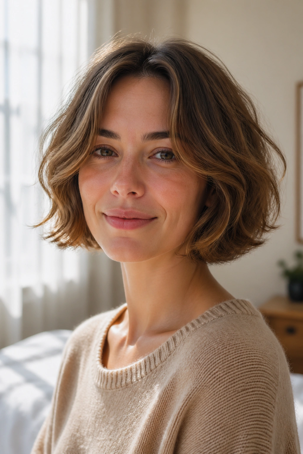 Portrait of woman with rounded bob and soft ends in sunlit room