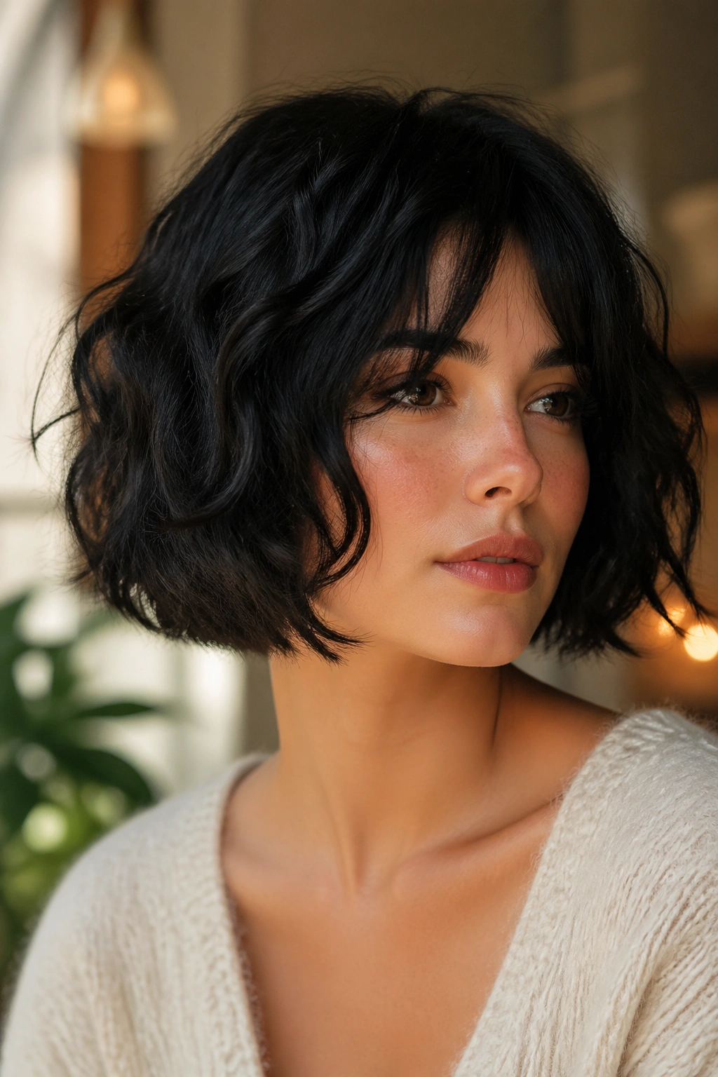 Portrait of a woman with a rounded bowl-like bob and textured ends