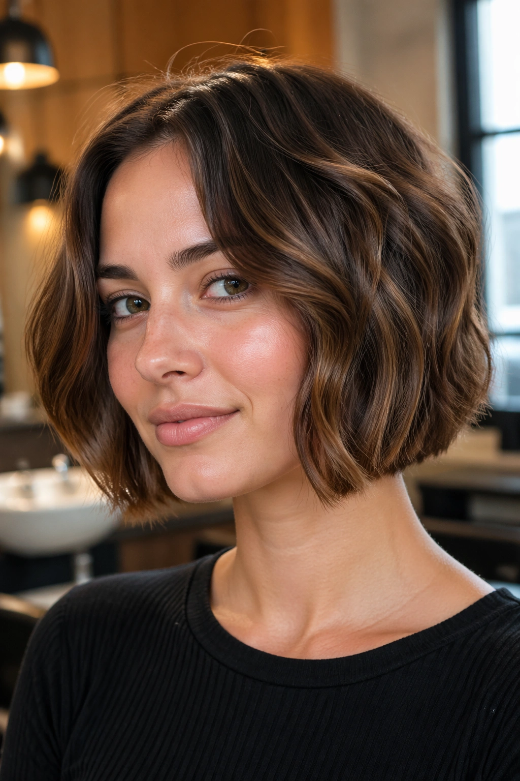 Close-up of a real woman's rounded bob with soft waves.