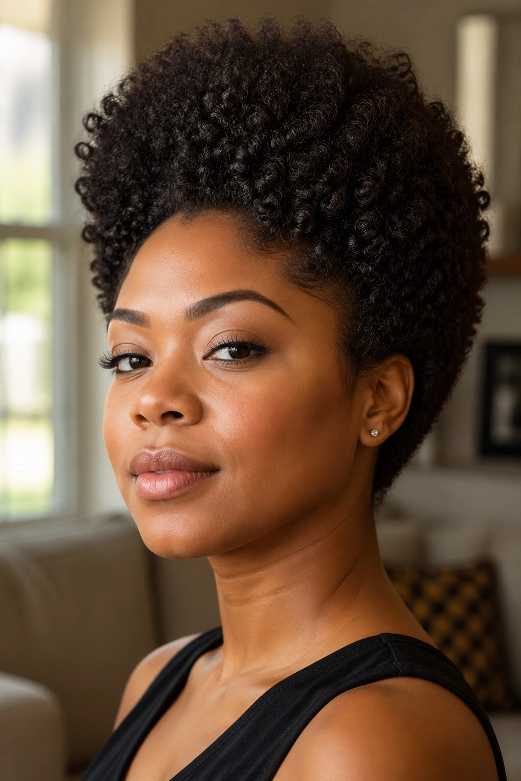Close-up of real woman with rounded afro and crown-height lift.