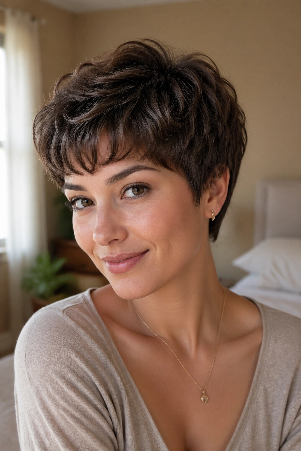 Close-up of a real woman's rounded crown pixie showing controlled top waves
