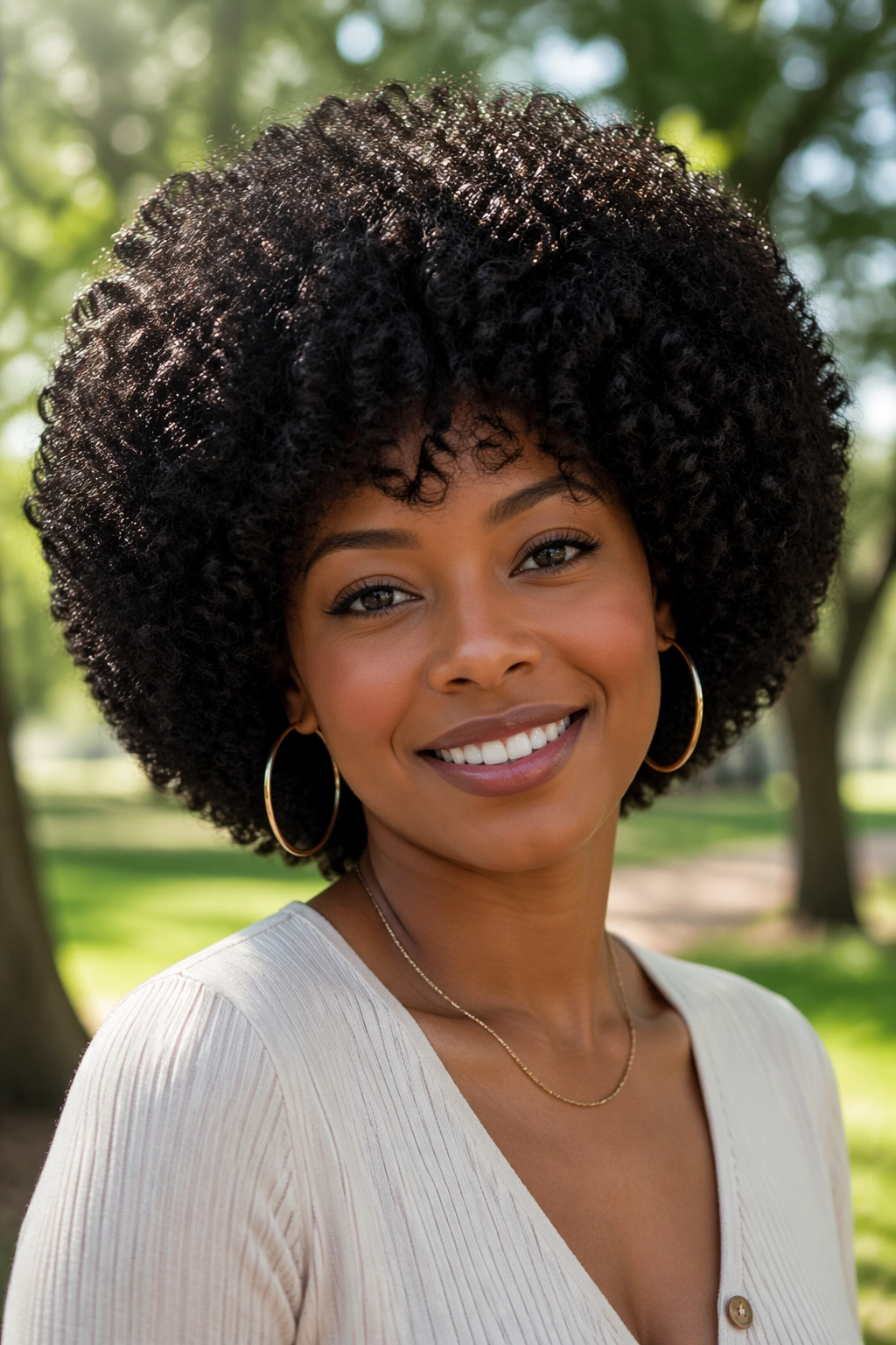 Close-up of a real person wearing a rounded curly afro wig with full dome silhouette