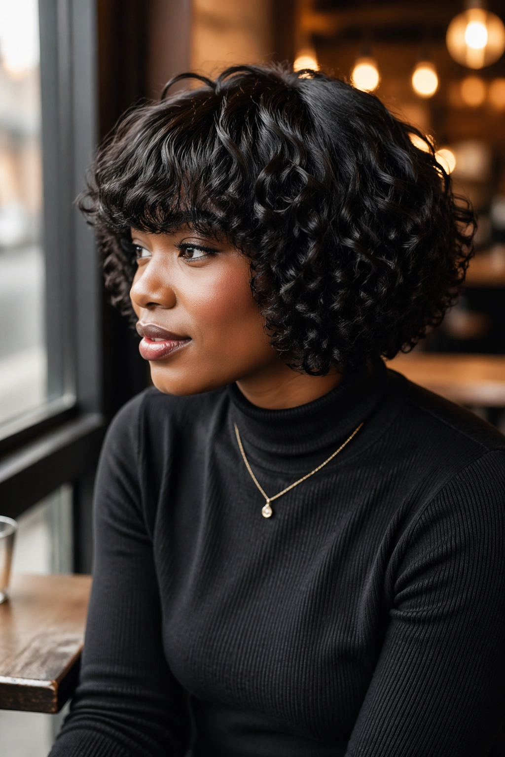 Rounded curly bob with full fringe from side profile