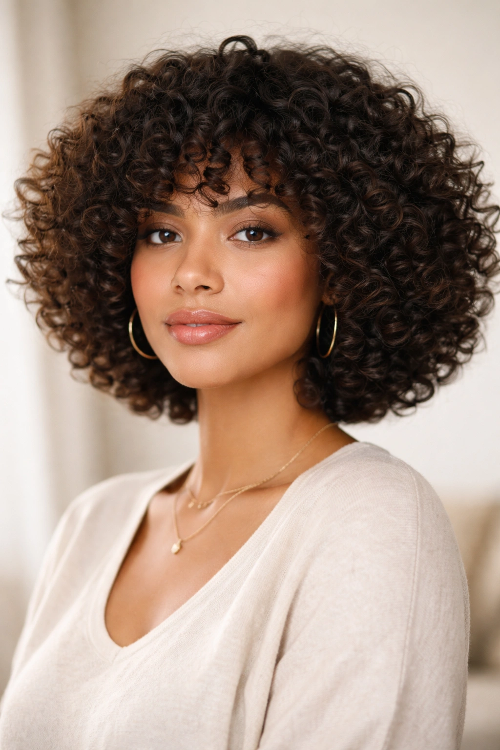 Rounded curly bob following head shape with dome-like volume