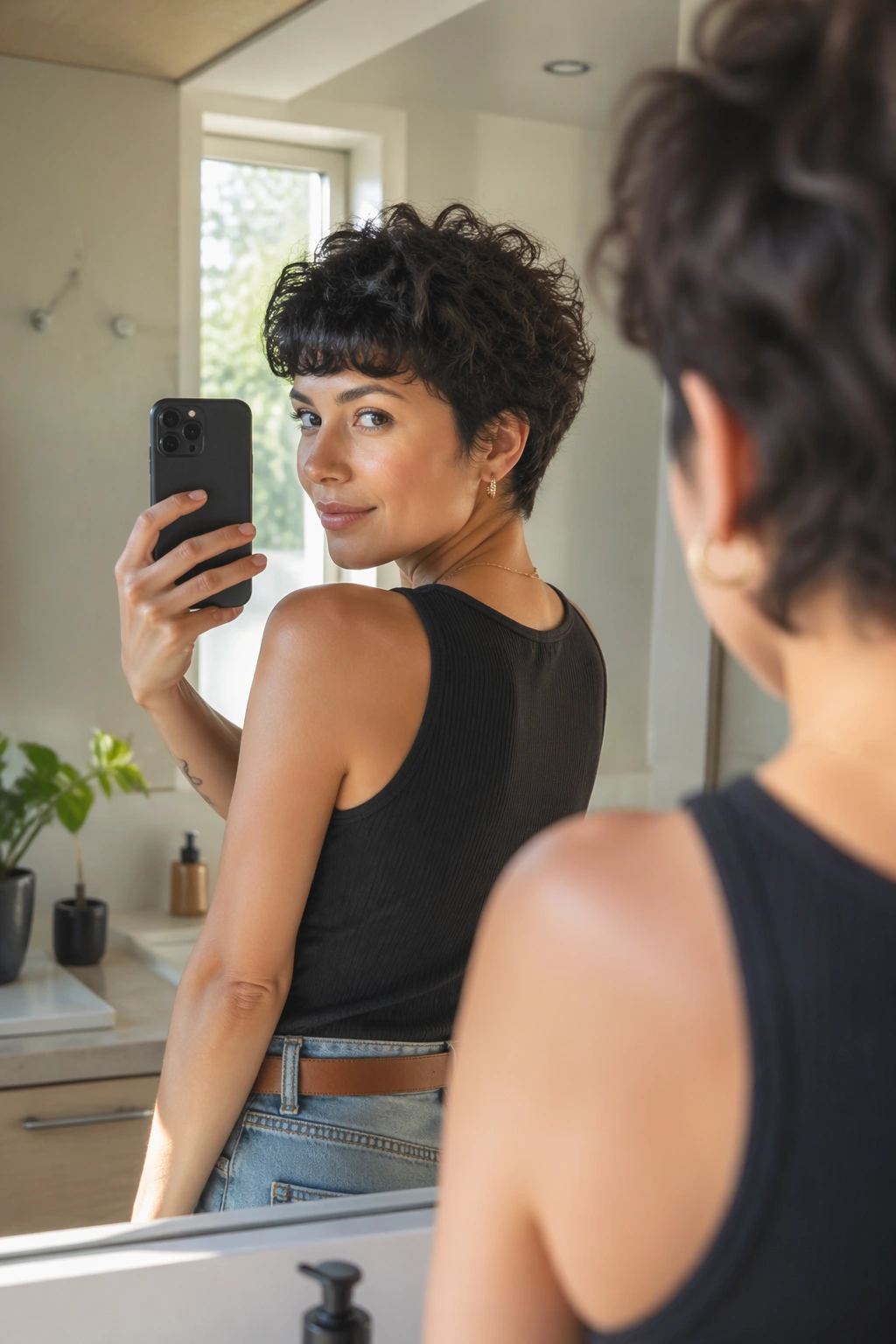 Rounded curly crop seen in mirror from over-the-shoulder POV.