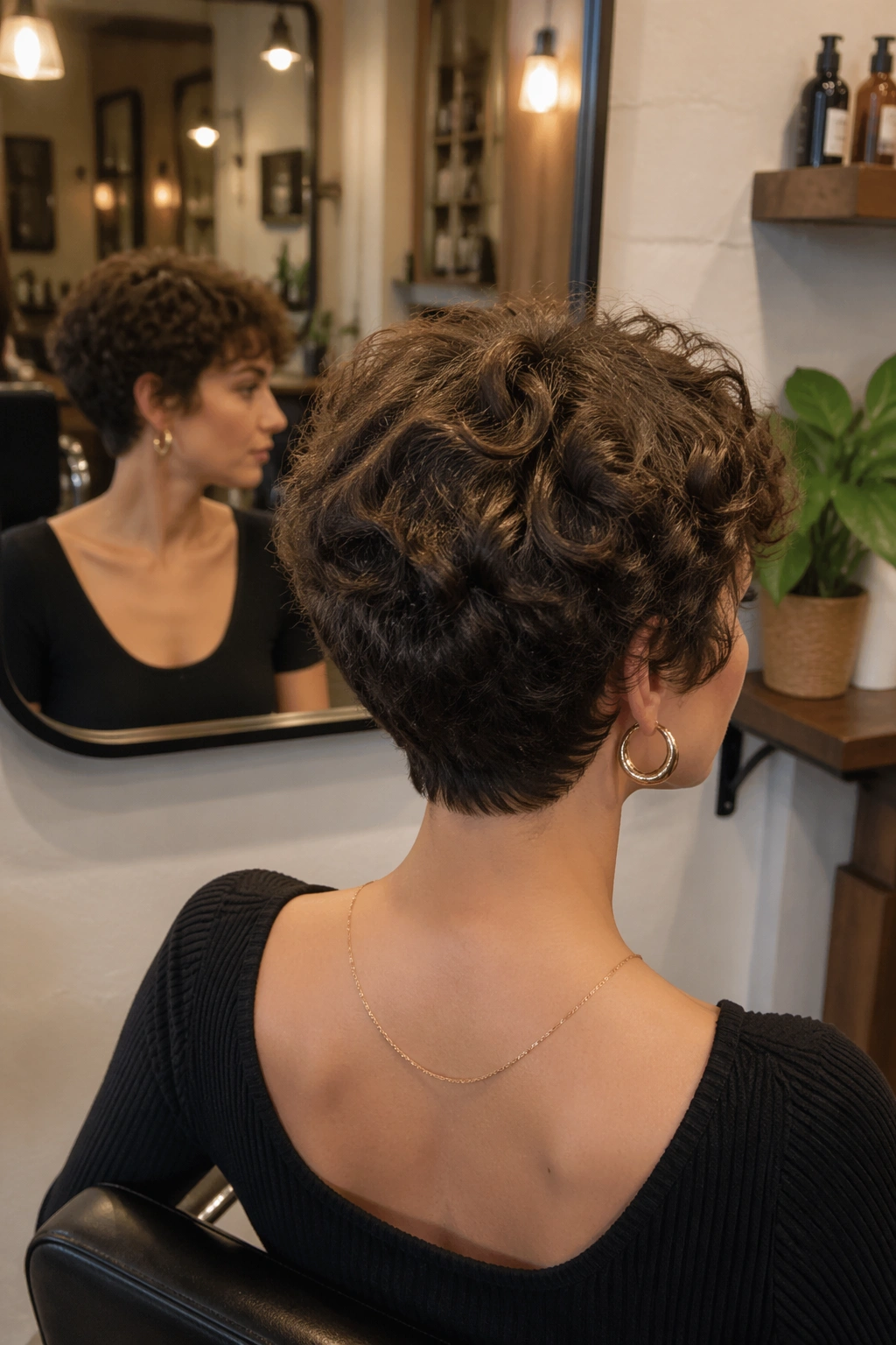 Rounded curly crop with soft layers seen in salon mirror