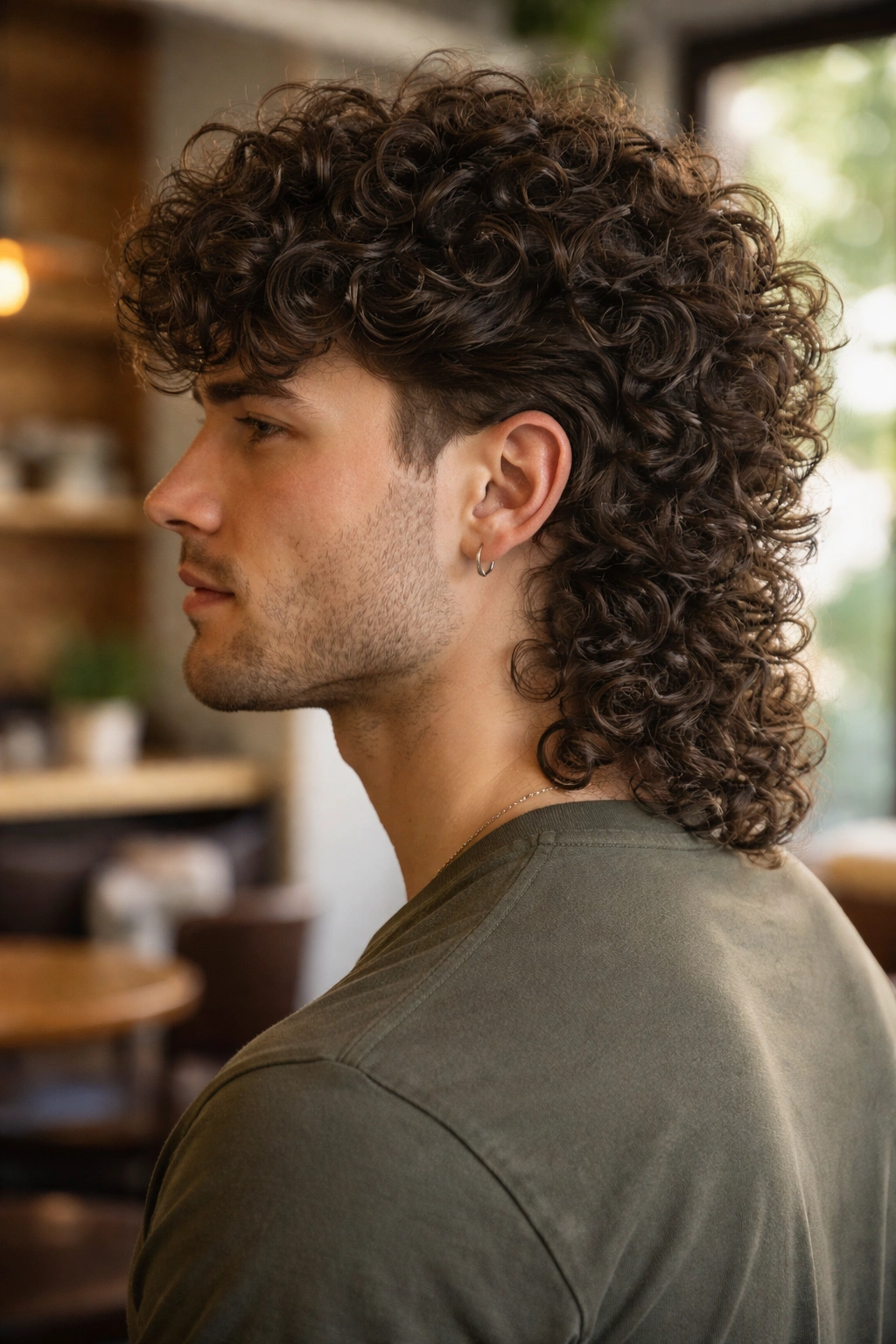 Portrait of a person with rounded curly mullet for thick hair in warm setting.
