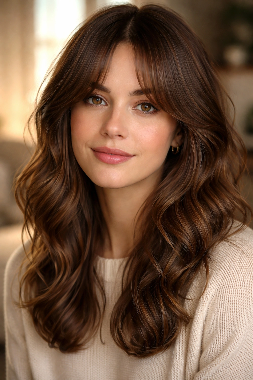 Rounded Curtain Bangs close-up portrait with soft arc bangs in warm living-room light