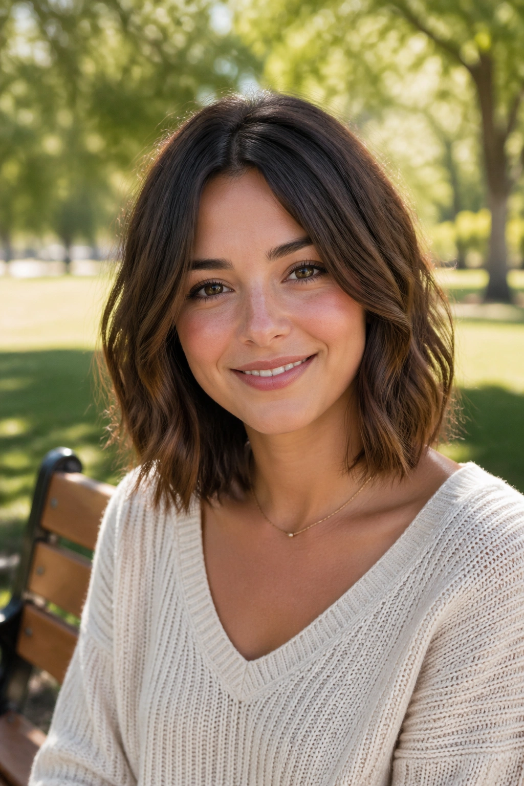 Portrait of a real woman with a rounded-edge lob and movement