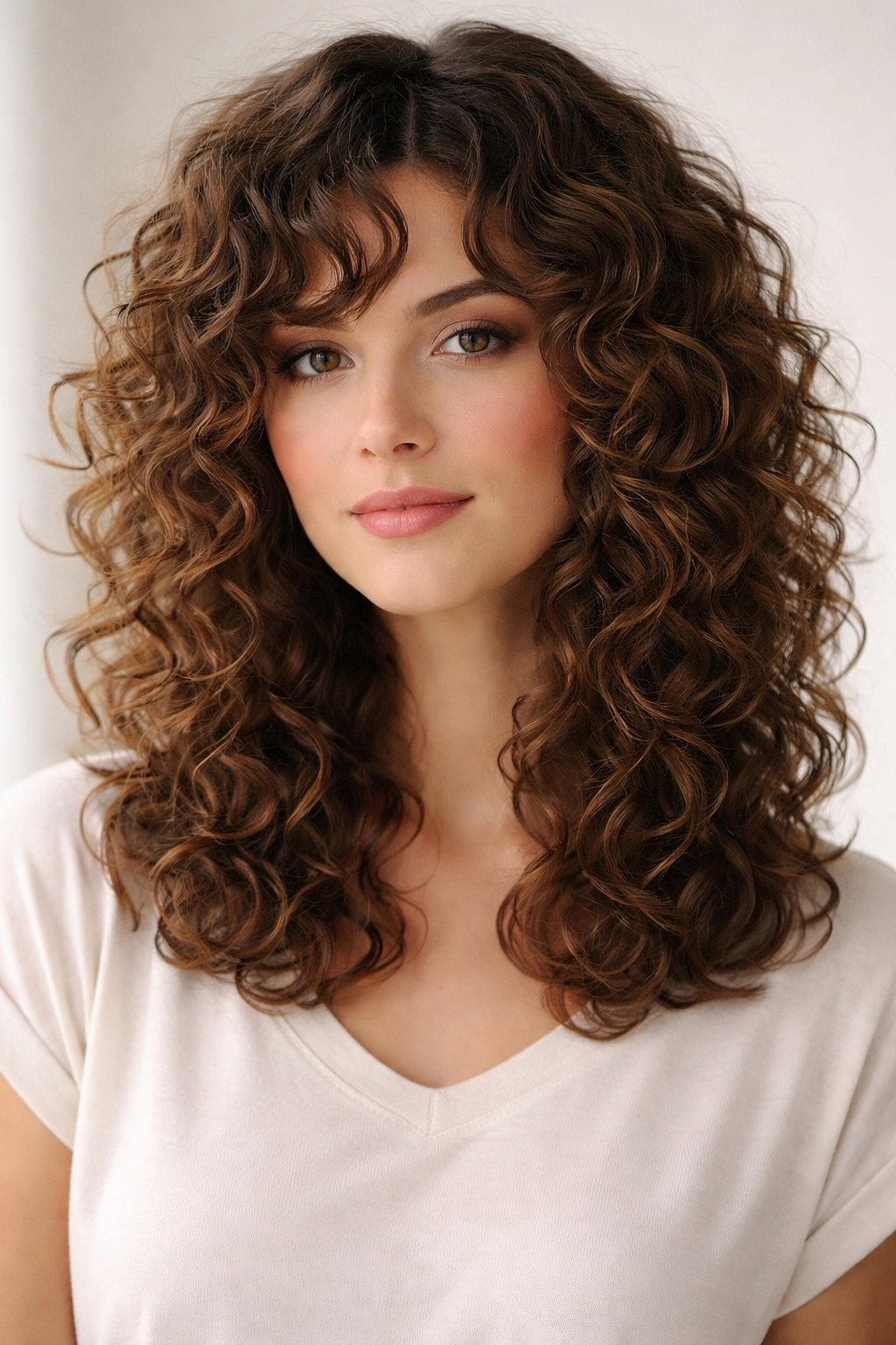 Portrait of a model with rounded-ends shag and soft bottom line showing calm, curved curls