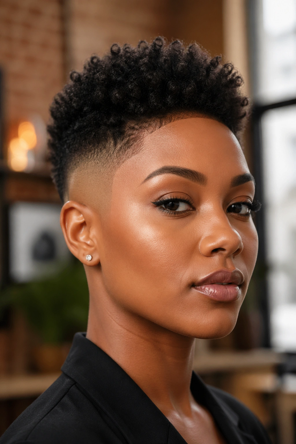 Portrait of real person with rounded fade and crown puff.