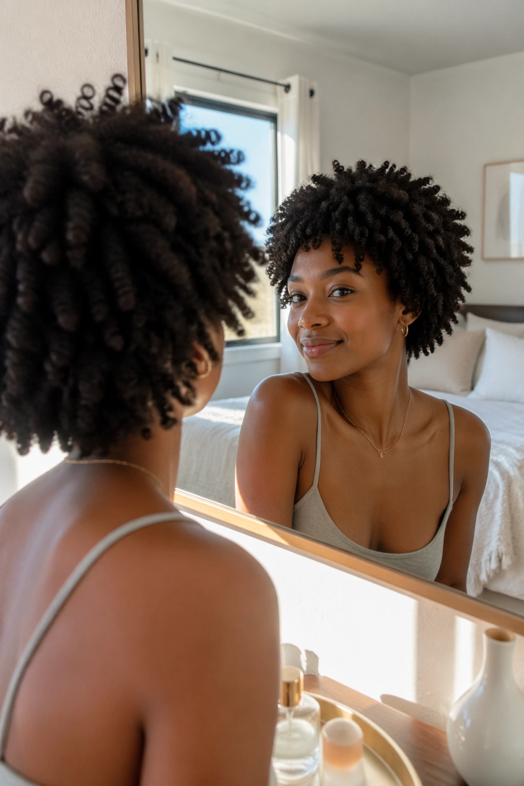 Over-the-shoulder view of rounded fluffy twist-out in bright bedroom.