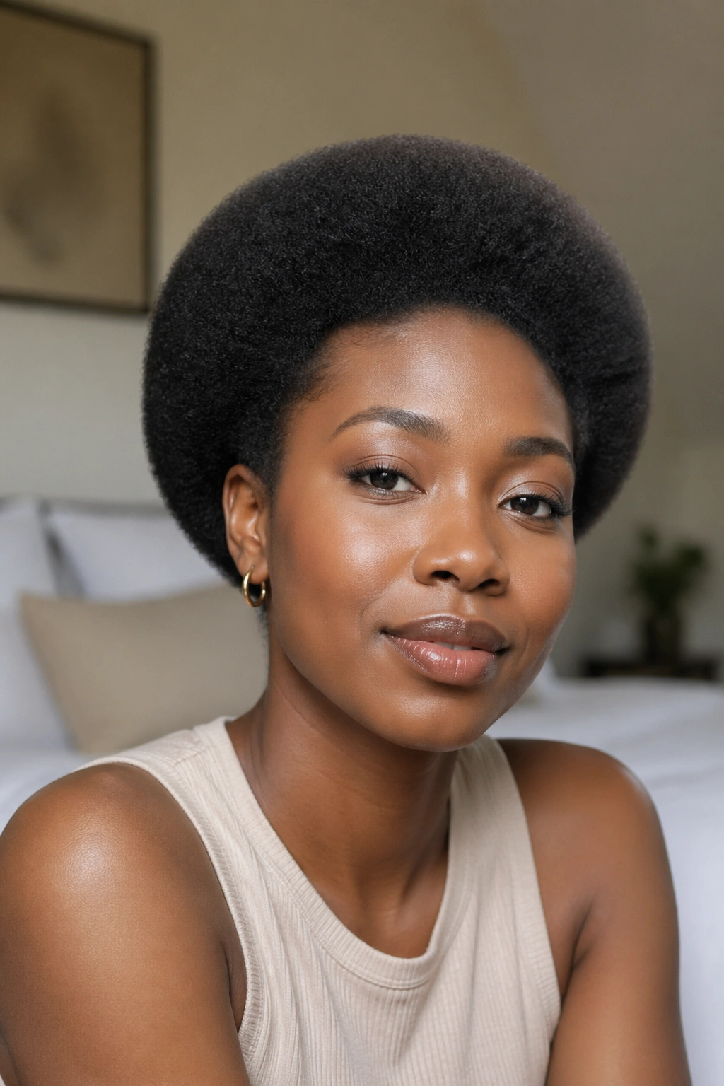 Close-up of a real person with rounded halo shape on very short 4C hair